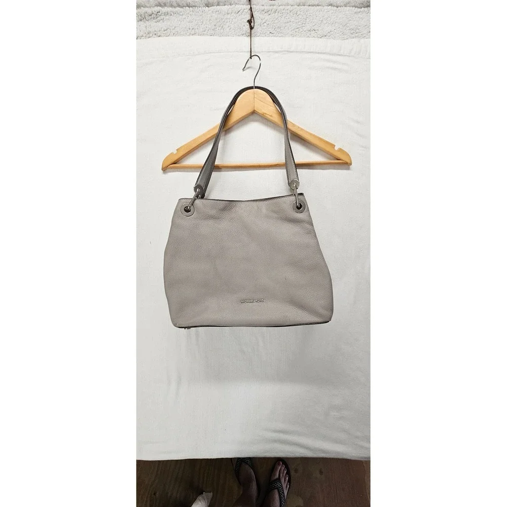 Michael Kors Taupe Pebbled Leather Triple Compartment Shoulder Bag Silver Logo
